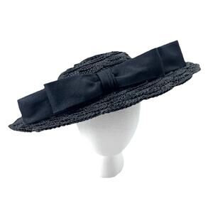 Vintage Mr. Henri Womens Black Straw Cartwheel Sun Hat Large Bow Kentucky Derby